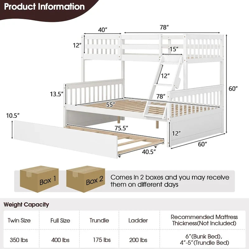 Twin Over Full Bunk Bed with Twin Trundle and Convertible Platform