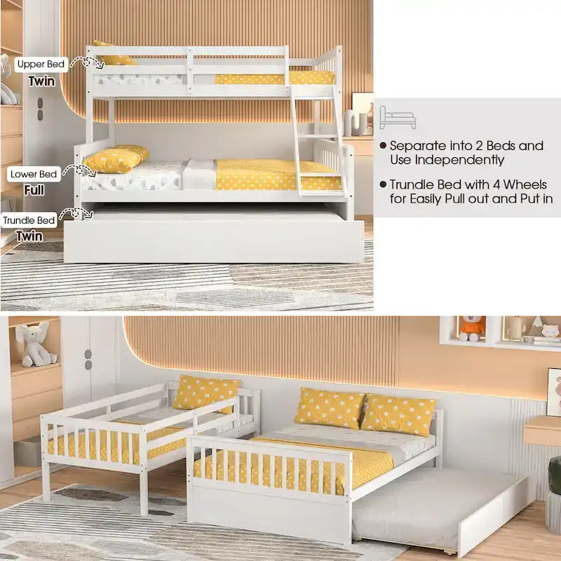 Twin Over Full Bunk Bed with Twin Trundle and Convertible Platform