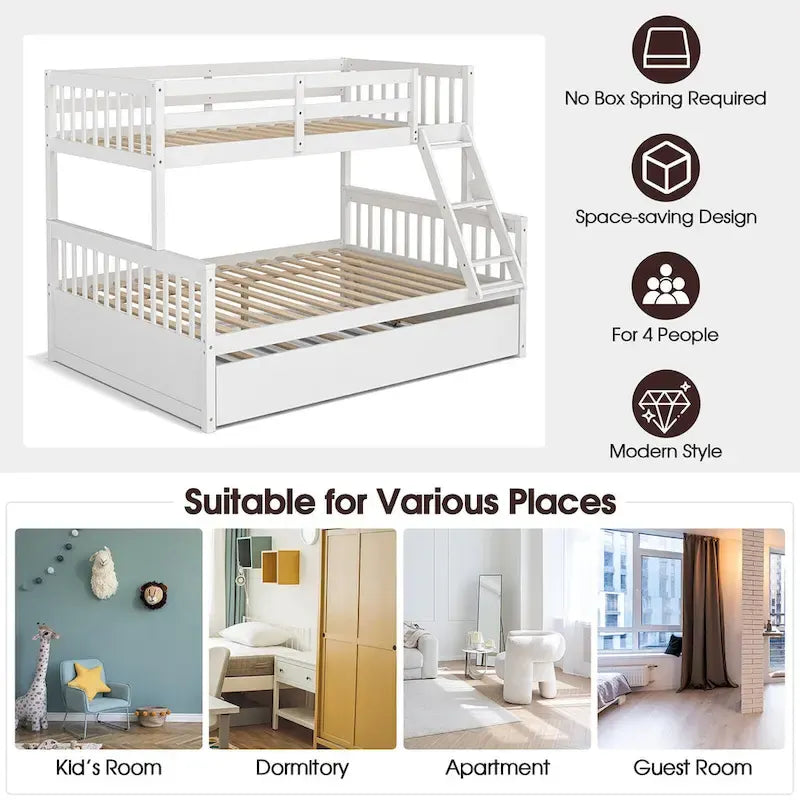 Twin Over Full Bunk Bed with Twin Trundle and Convertible Platform