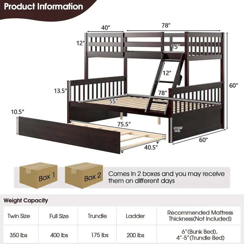 Twin Over Full Bunk Bed with Twin Trundle and Convertible Platform