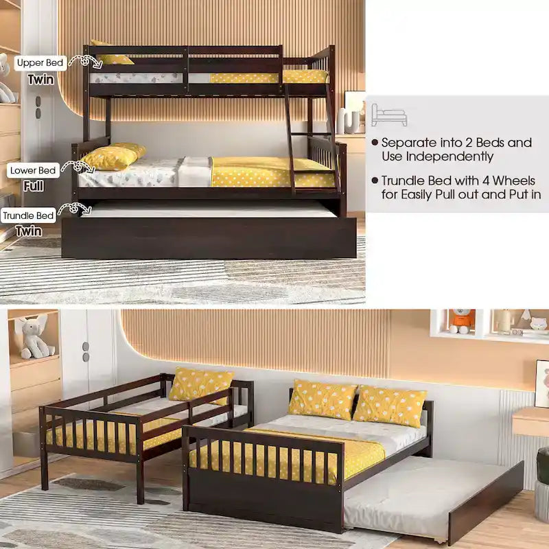 Twin Over Full Bunk Bed with Twin Trundle and Convertible Platform