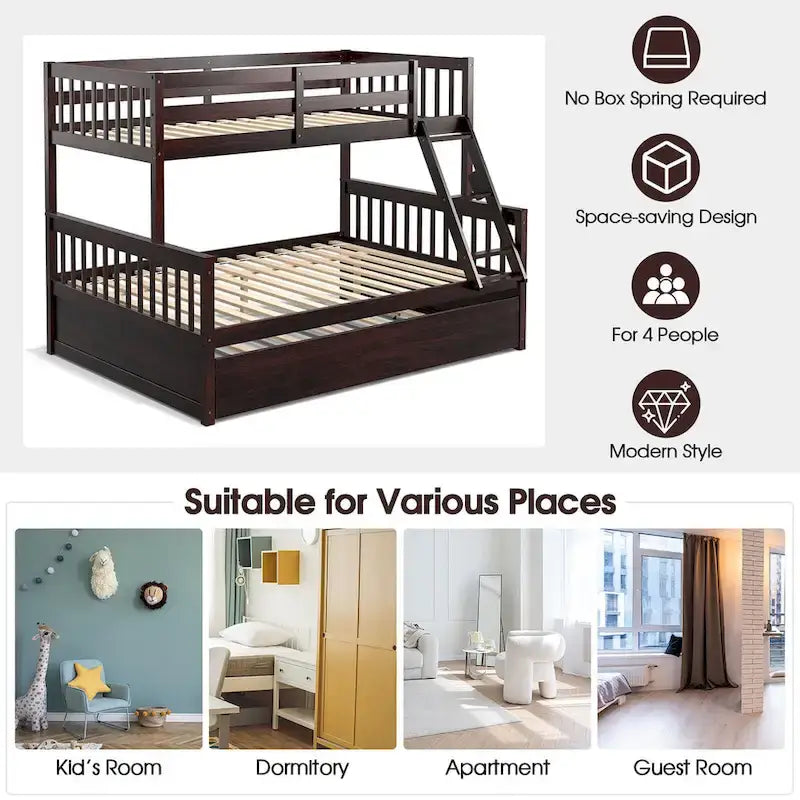Twin Over Full Bunk Bed with Twin Trundle and Convertible Platform