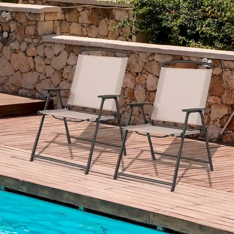 Patio Folding Sling Dining Chairs with Armrests and Steel Frame (Set of 2)