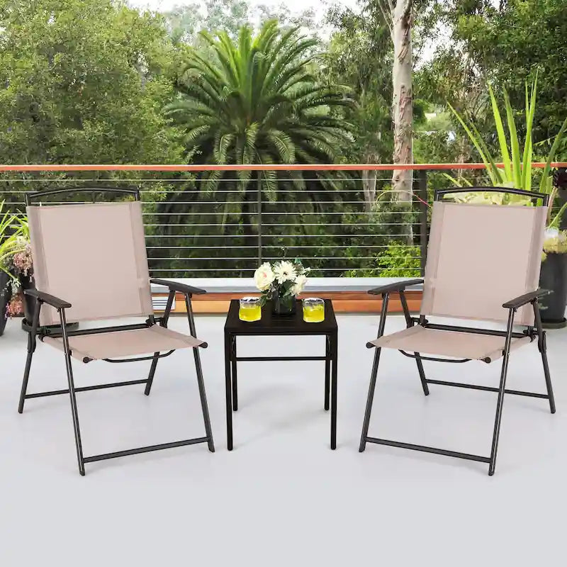 Patio Folding Sling Dining Chairs with Armrests and Steel Frame (Set of 2)