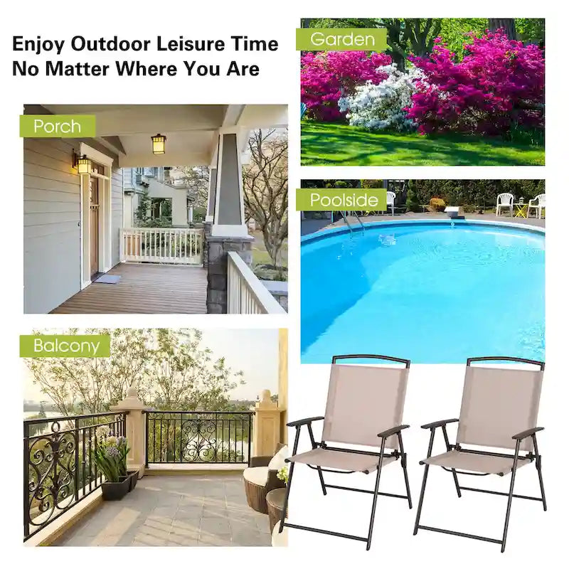 Patio Folding Sling Dining Chairs with Armrests and Steel Frame (Set of 2)