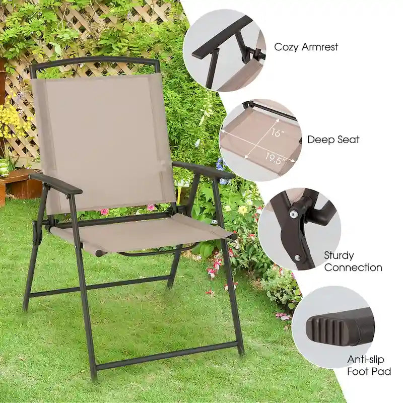Patio Folding Sling Dining Chairs with Armrests and Steel Frame (Set of 2)