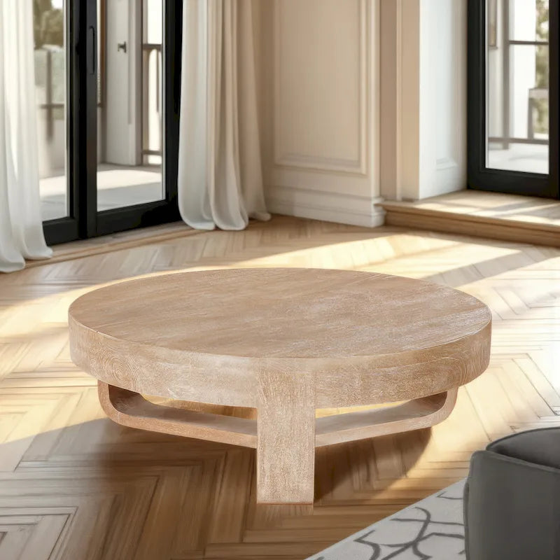 Milan Coffee Table, 32 Inch Round Top, Mango Wood with Sandblasted Natural Brown, Open Sled Base