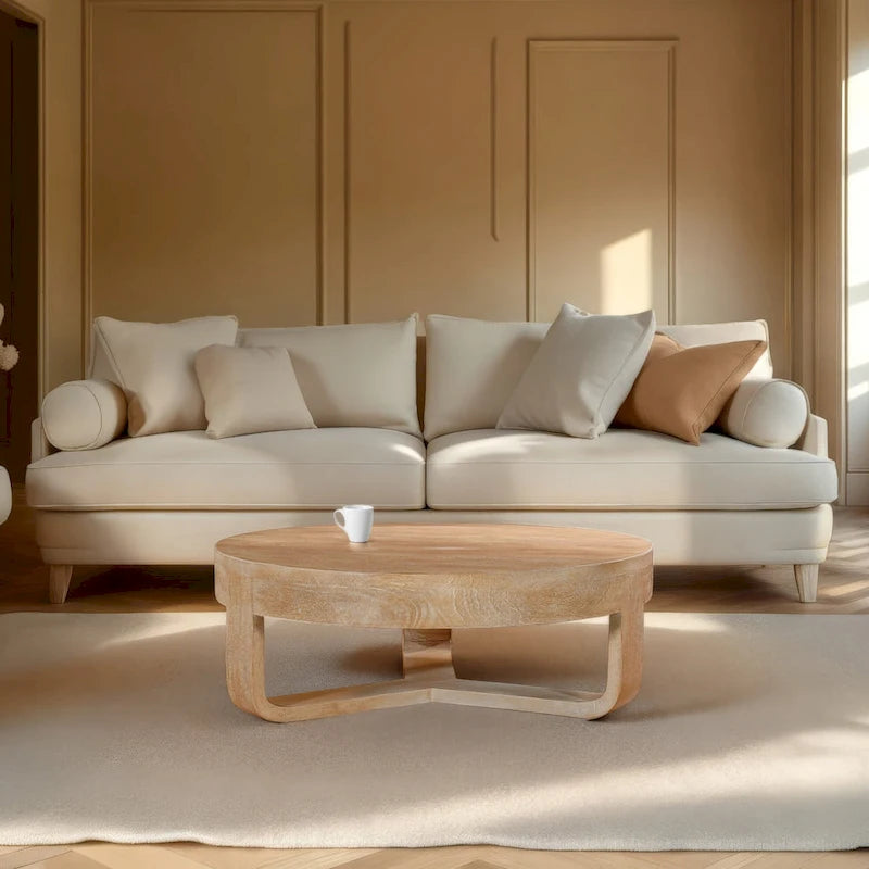 32-inch Round Mango Wood Coffee Table with Sandblasted Natural Brown Finish