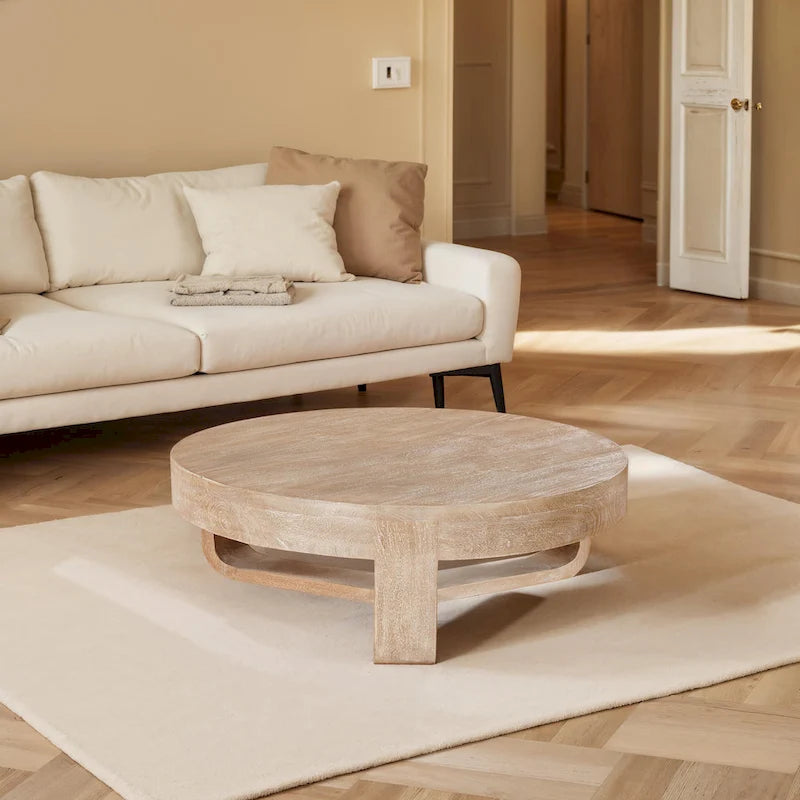 32-inch Round Mango Wood Coffee Table with Sandblasted Natural Brown Finish