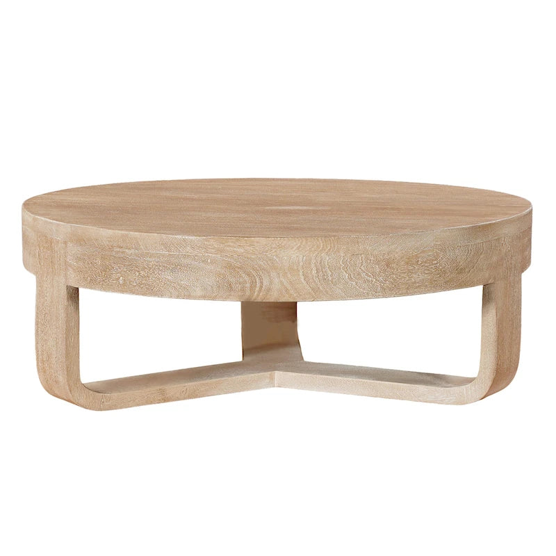 32-inch Round Mango Wood Coffee Table with Sandblasted Natural Brown Finish