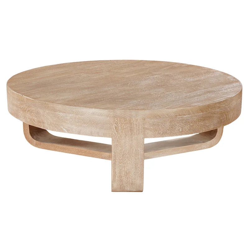 32-inch Round Mango Wood Coffee Table with Sandblasted Natural Brown Finish