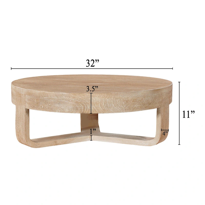 32-inch Round Mango Wood Coffee Table with Sandblasted Natural Brown Finish