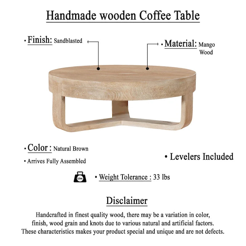 32-inch Round Mango Wood Coffee Table with Sandblasted Natural Brown Finish
