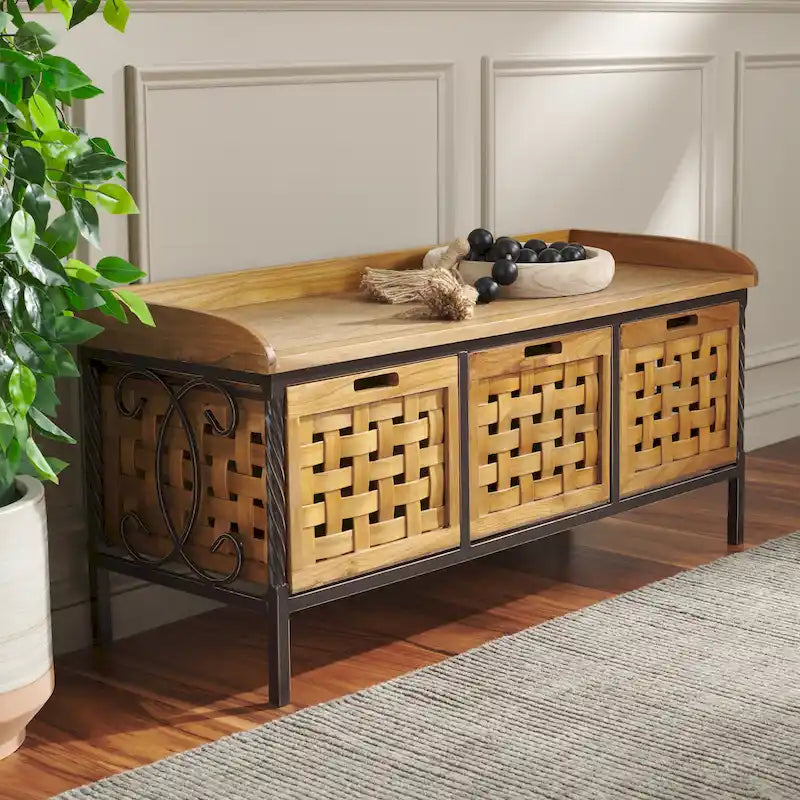 Honey Oak Wood Storage Bench with Iron Frame - 43x16x20