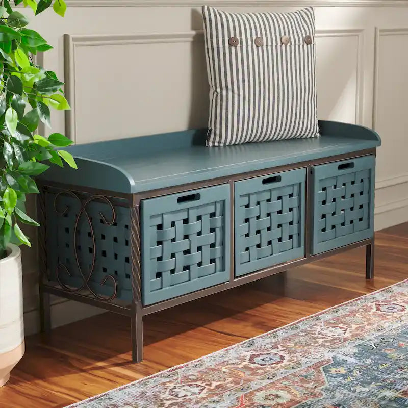 Honey Oak Wood Storage Bench with Iron Frame - 43x16x20