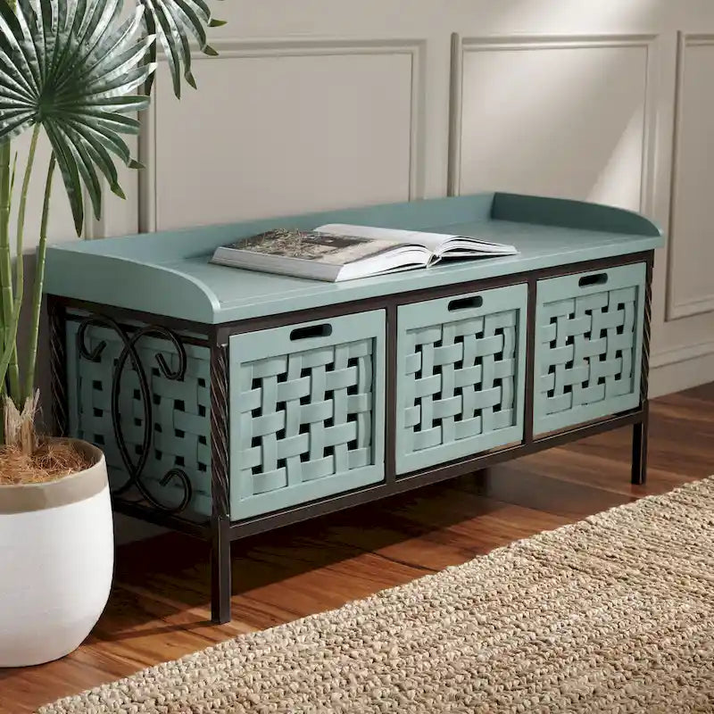 Honey Oak Wood Storage Bench with Iron Frame - 43x16x20