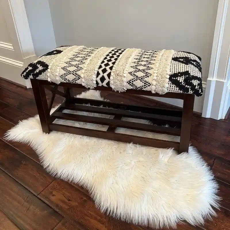 Handmade Cotton Dhurrie Upholstered Storage Bench - Sheesham Wood Frame
