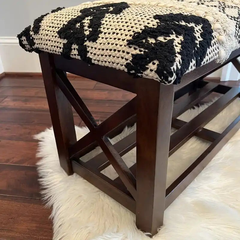 Banc de rangement rembourré en dhurrie de coton fait main - Cadre en bois de sheesham