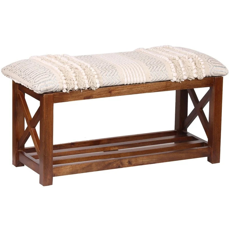 Banc de rangement rembourré en dhurrie de coton fait main - Cadre en bois de sheesham