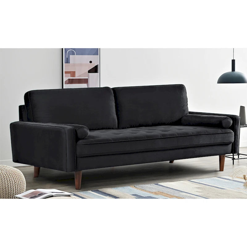 70-inch Wood Frame Velvet Tufted Sofa with Bolster Pillows