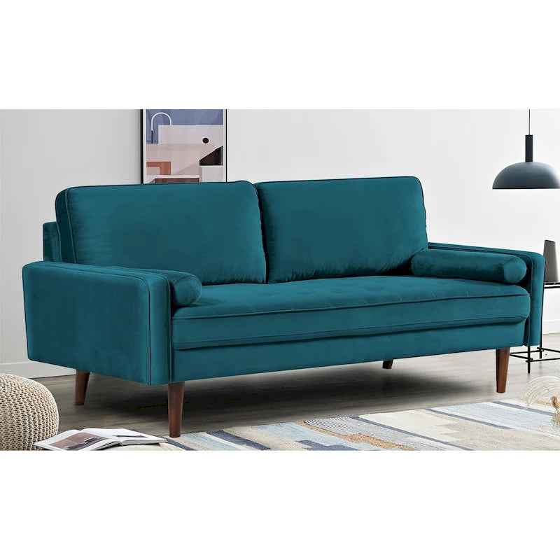 70-inch Wood Frame Velvet Tufted Sofa with Bolster Pillows