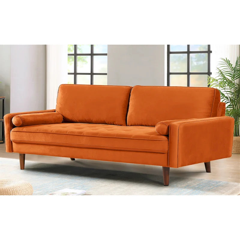 70-inch Wood Frame Velvet Tufted Sofa with Bolster Pillows