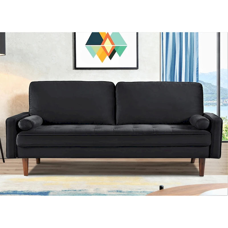 70-inch Wood Frame Velvet Tufted Sofa with Bolster Pillows