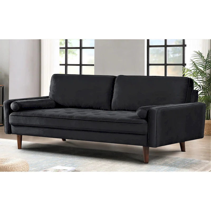 70-inch Wood Frame Velvet Tufted Sofa with Bolster Pillows