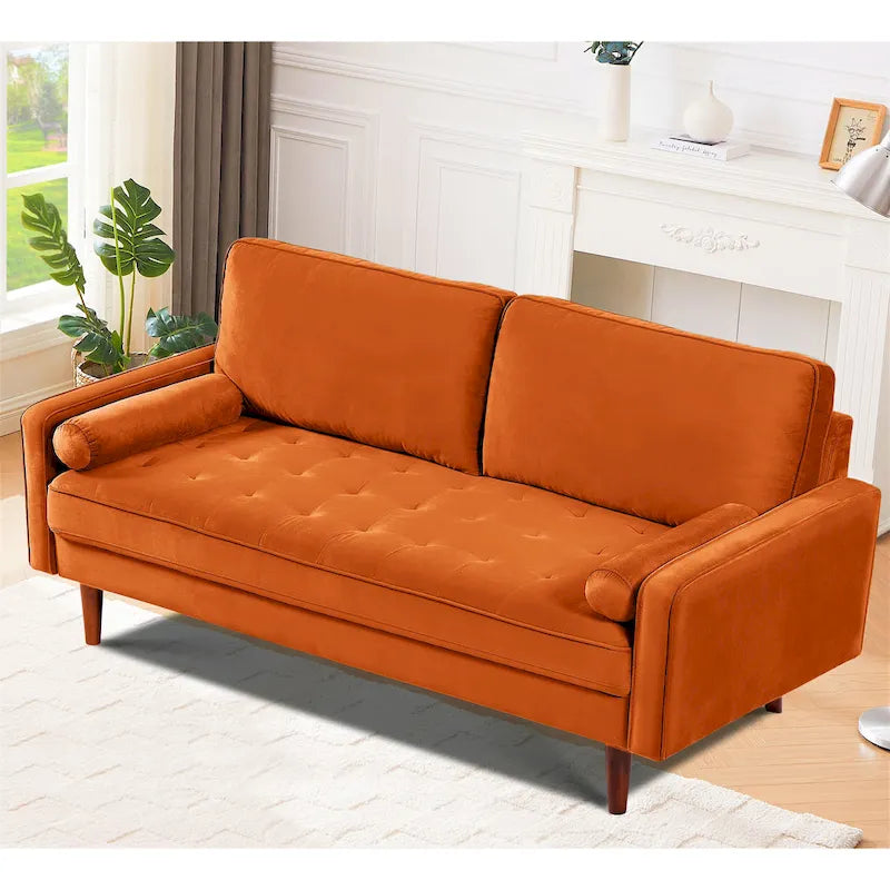 70-inch Wood Frame Velvet Tufted Sofa with Bolster Pillows