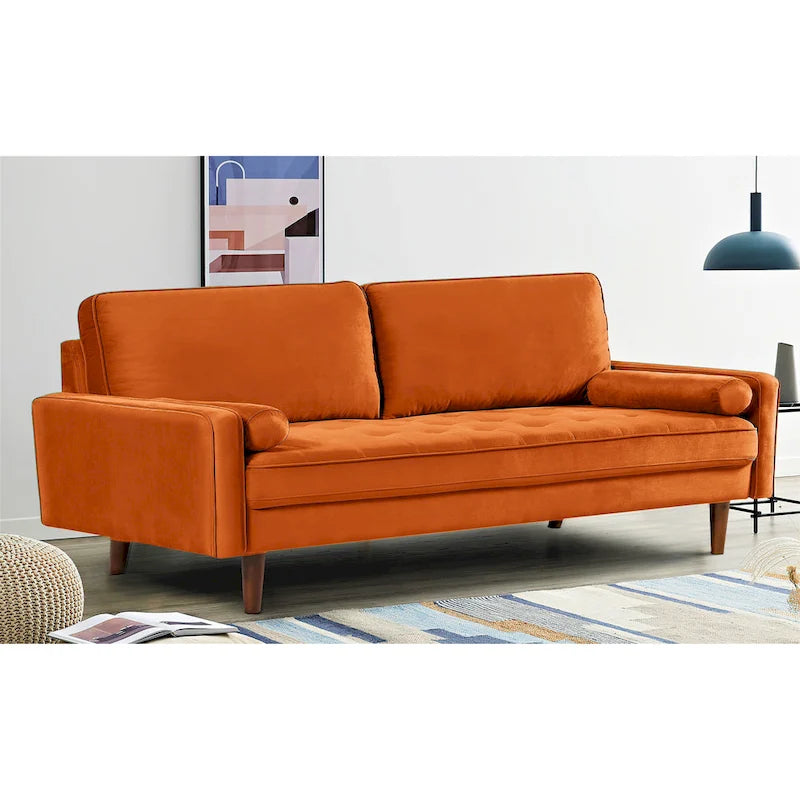Aksamitna pikowana sofa z drewnianą ramą o szerokości 70 cali i poduszkami wałkami