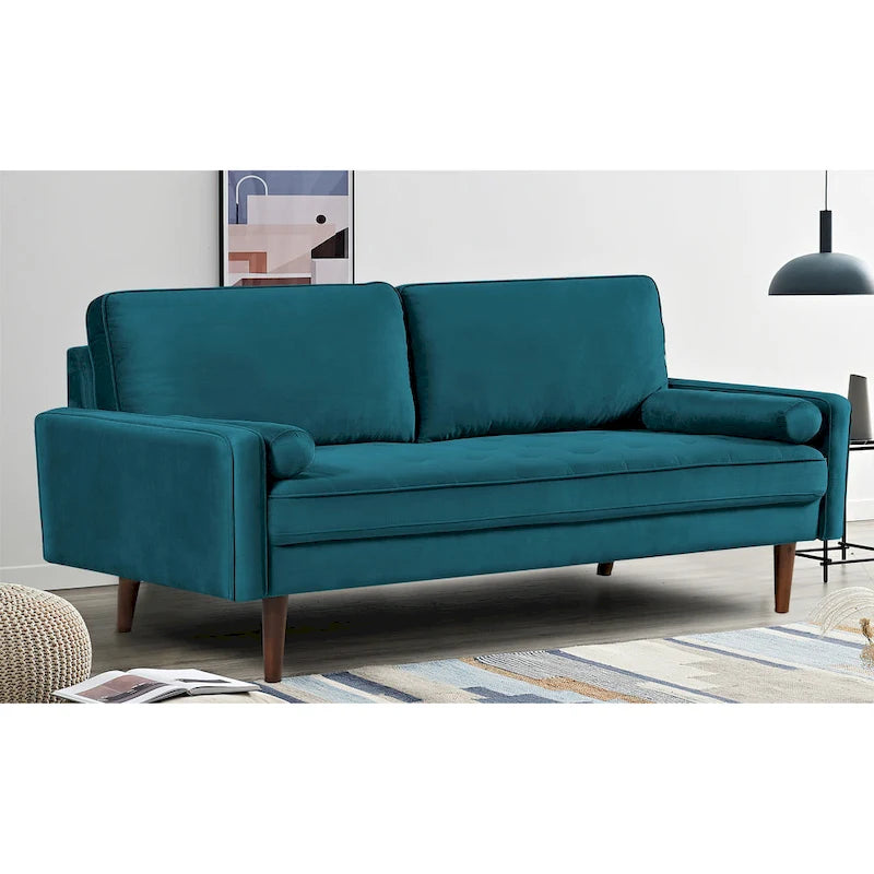 Aksamitna pikowana sofa z drewnianą ramą o szerokości 70 cali i poduszkami wałkami