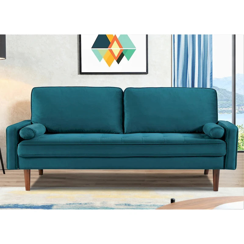 Aksamitna pikowana sofa z drewnianą ramą o szerokości 70 cali i poduszkami wałkami