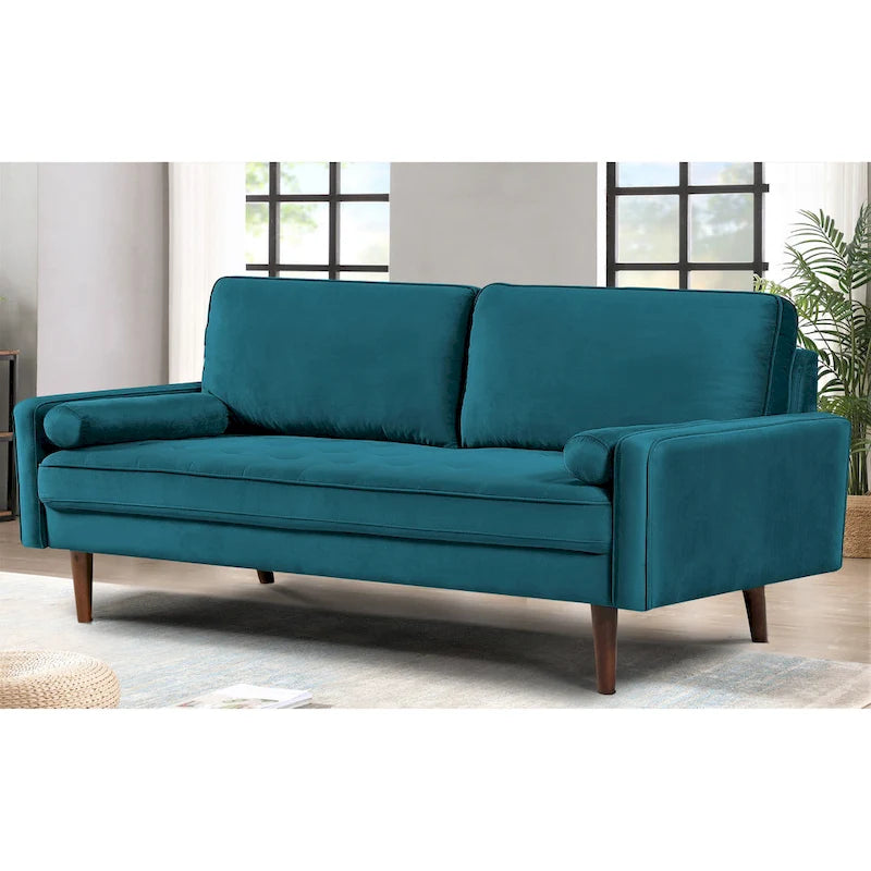Aksamitna pikowana sofa z drewnianą ramą o szerokości 70 cali i poduszkami wałkami
