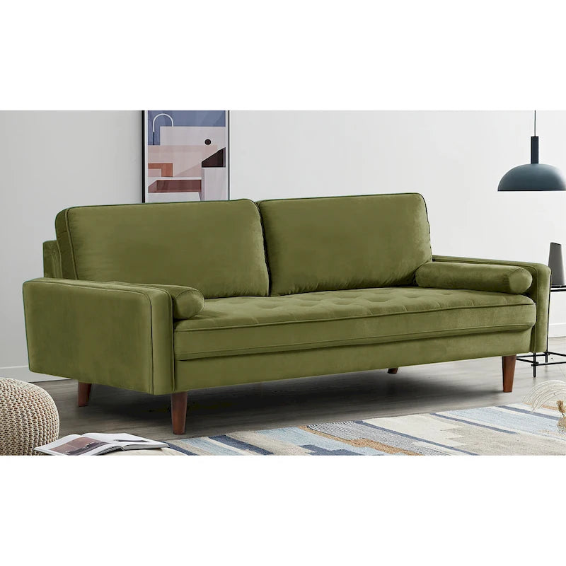 Aksamitna pikowana sofa z drewnianą ramą o szerokości 70 cali i poduszkami wałkami