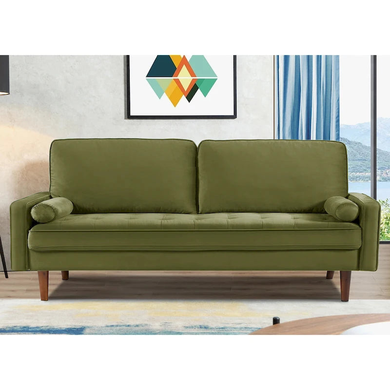 Aksamitna pikowana sofa z drewnianą ramą o szerokości 70 cali i poduszkami wałkami