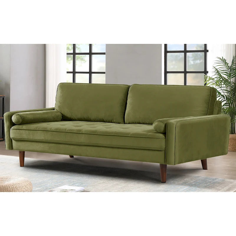 Aksamitna pikowana sofa z drewnianą ramą o szerokości 70 cali i poduszkami wałkami