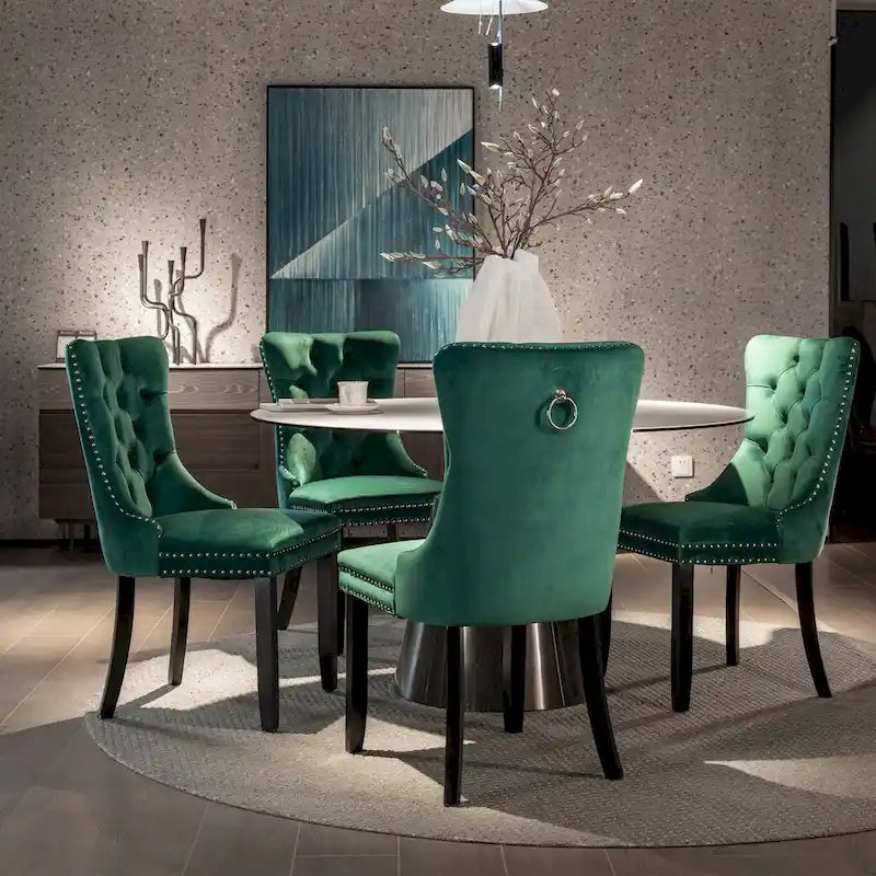 Velvet Tufted Dining Chairs with Solid Wood Legs and Nailhead Trim (Set of 2)