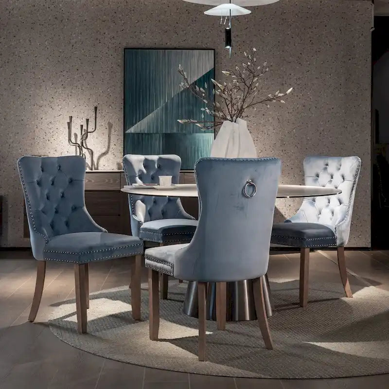 Velvet Tufted Dining Chairs with Solid Wood Legs and Nailhead Trim (Set of 2)