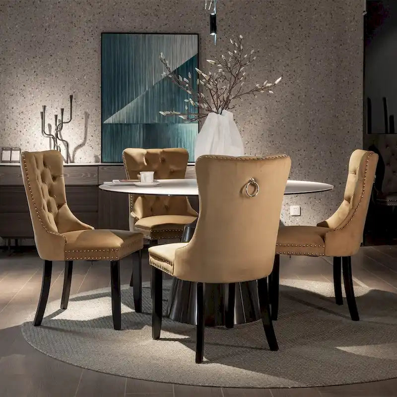 Velvet Tufted Dining Chairs with Solid Wood Legs and Nailhead Trim (Set of 2)