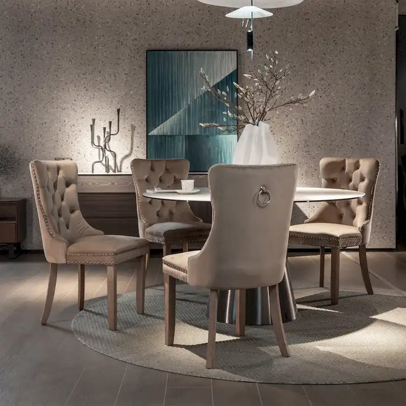 Velvet Tufted Dining Chairs with Solid Wood Legs and Nailhead Trim (Set of 2)