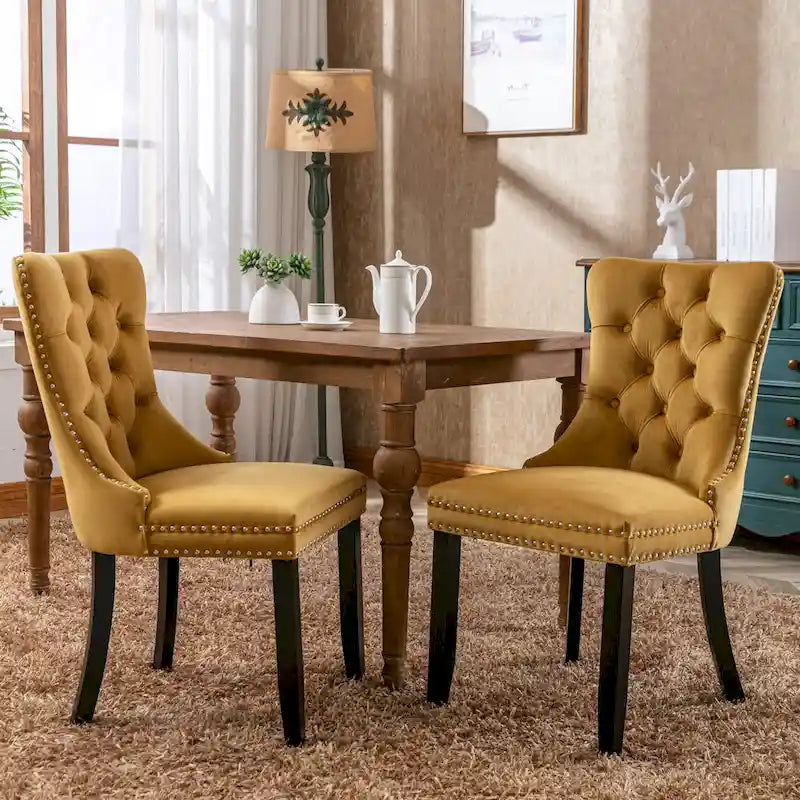 Velvet Tufted Dining Chairs with Solid Wood Legs and Nailhead Trim (Set of 2)