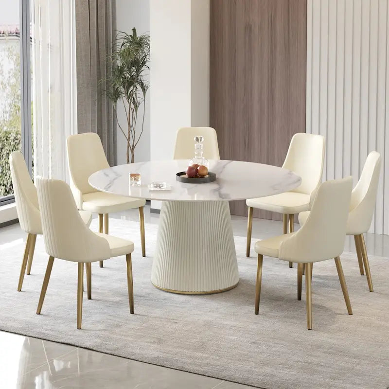 Round PU Pedestal Dining Table Faux Marble Dining Table