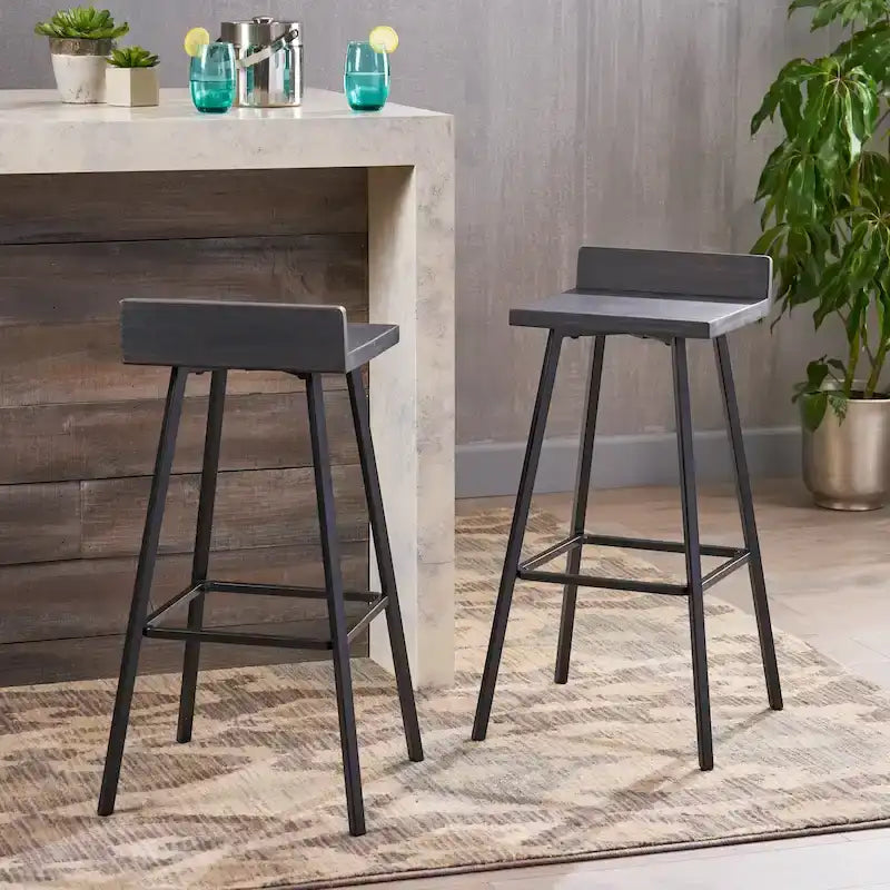 Contemporary Acacia Wood Bar Stools with Iron Legs (Set of 2)