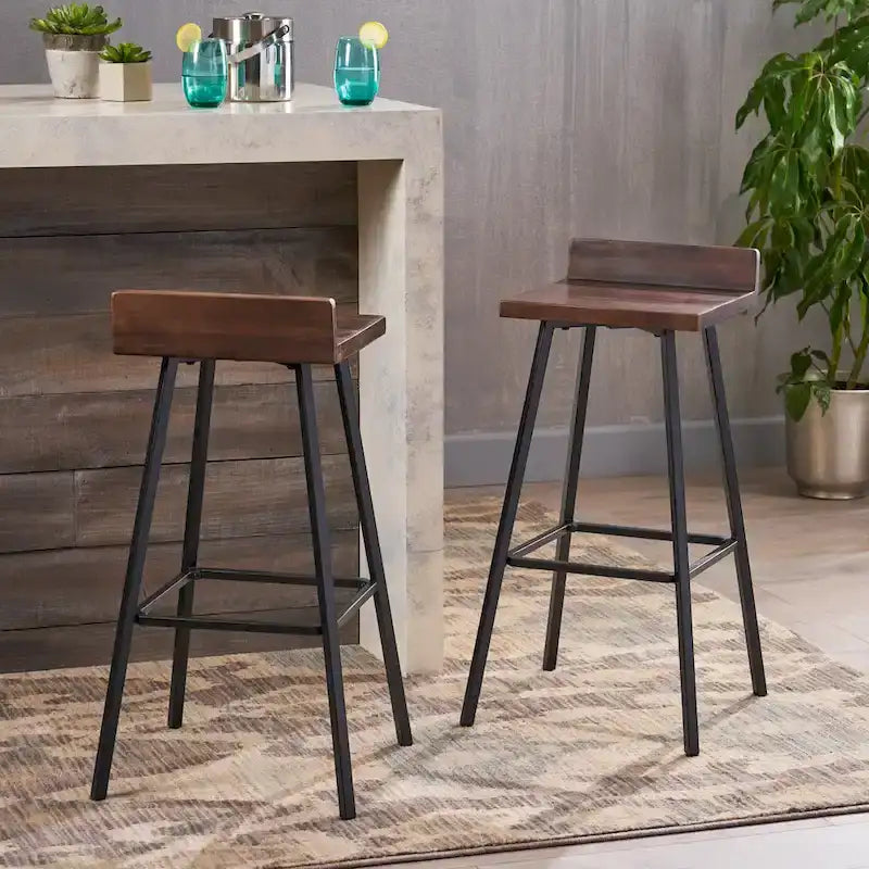Contemporary Acacia Wood Bar Stools with Iron Legs (Set of 2)