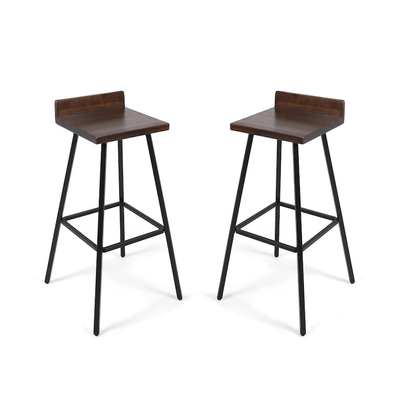 Contemporary Acacia Wood Bar Stools with Iron Legs (Set of 2)