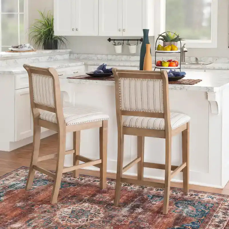 Rustic Grey Solid Wood Striped 26-Inch Counter Stool with Silver Nailhead Trim