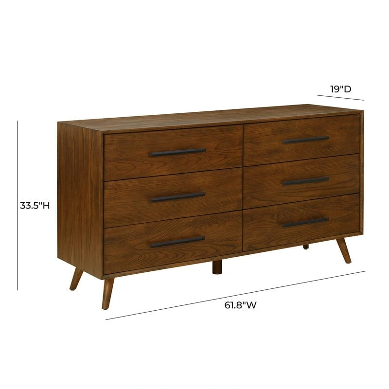 Pecan 6-Drawer Ash Wood Dresser with Dovetail Construction