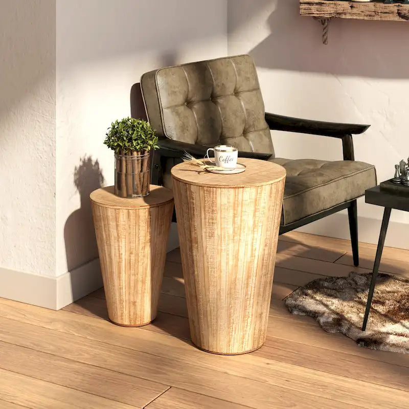 COZAYH Farmhouse Nesting Barrel Side Table, Rustic Space Saving Storage End Table Set, Natural Distressed Finish