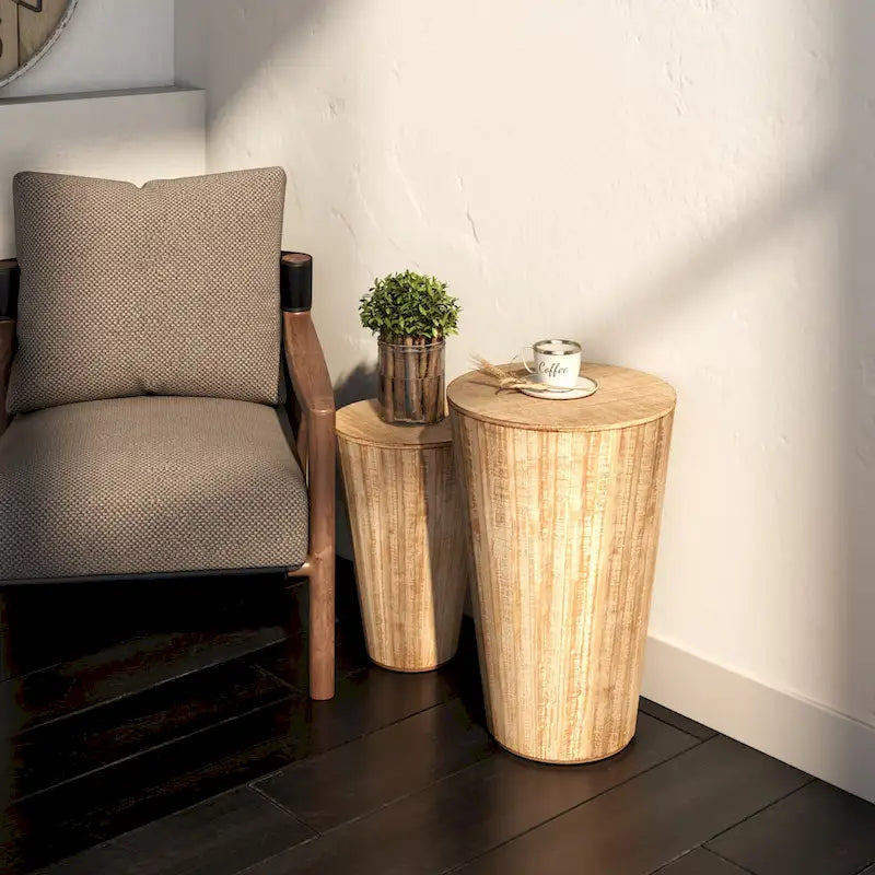Tables d’appoint gigognes en forme de tonneau, style maison de campagne, avec couvercle amovible - finition naturelle vieillie (lot de 2)
