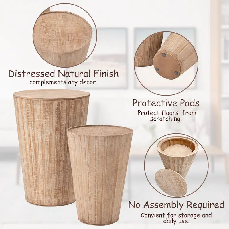 Tables d’appoint gigognes en forme de tonneau, style maison de campagne, avec couvercle amovible - finition naturelle vieillie (lot de 2)